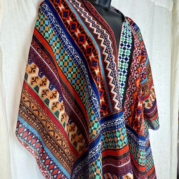 Live 4 Truth Multicolor Ethnic Boho Geometric Semi Sheer Poncho Festival - Picture 1 of 10